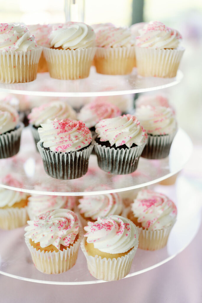 Bay Area wedding photographer captures close up of cupcakes in tiered case
