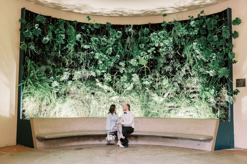 Bay Area wedding photographer captures bride and groom standing in front of beautiful greenery filled wall at Marin County Civic Center wedding