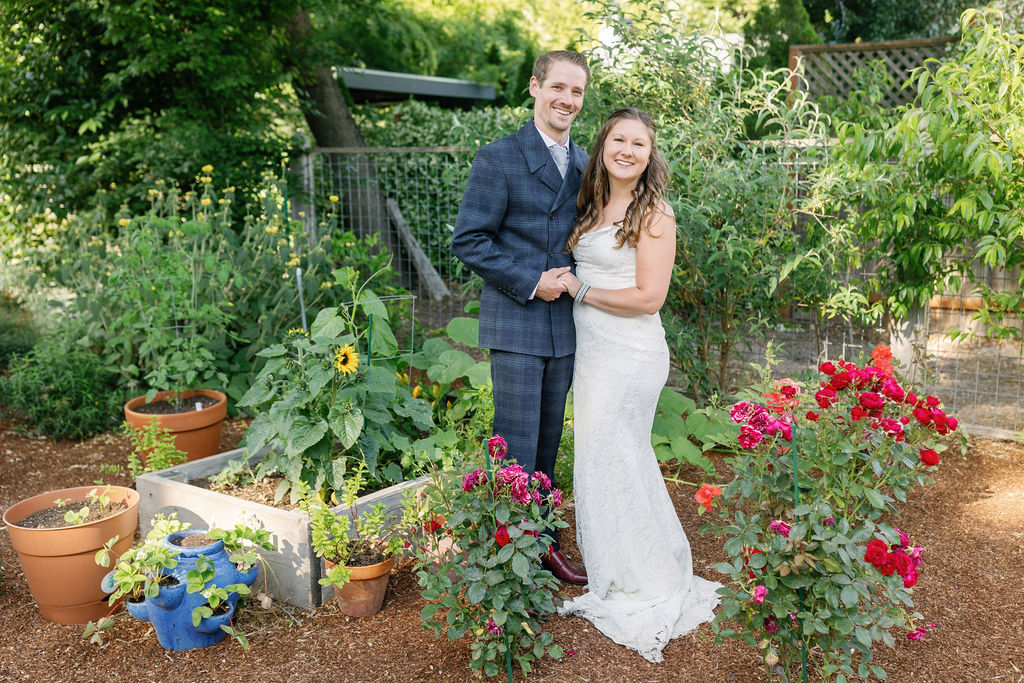 Bay Area wedding photographer captures bride and groom celebrating recent backyard wedding