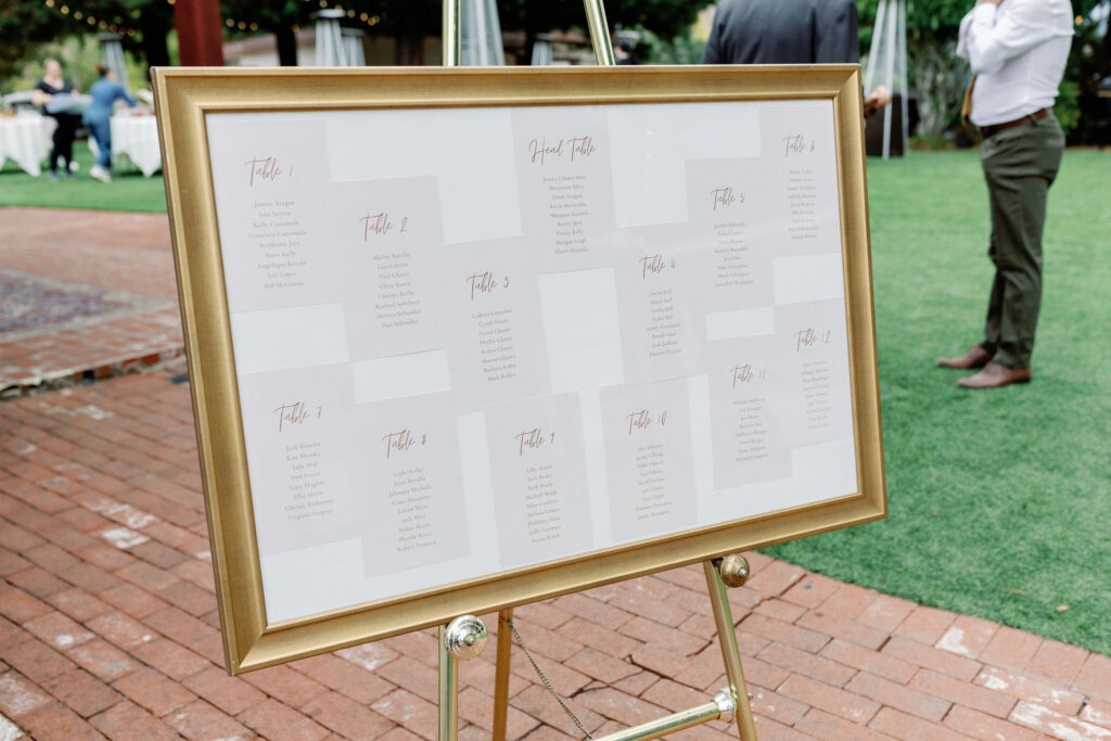 Bay Area wedding photographer captures gold frame seating chart at backyard wedding