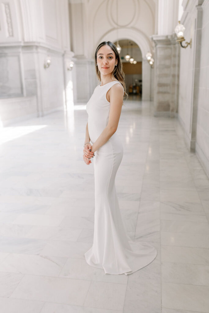 Bay Area wedding photographer captures bride wearing simple white wedding dress